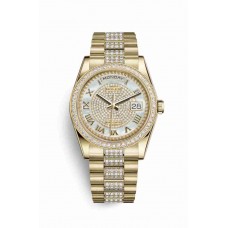 Replica Rolex Day-Date 36 18 ct yellow gold 118348 White mother-of-pearl diamond paved Dial Watch m118348-0076