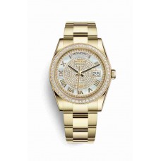 Replica Rolex Day-Date 36 18 ct yellow gold 118348 White mother-of-pearl diamond paved Dial Watch m118348-0127