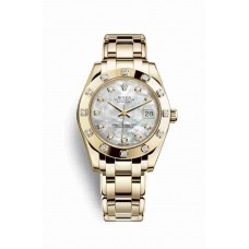Replica Rolex Pearlmaster 34 18 ct yellow gold 81318 White mother-of-pearl set diamonds Dial Watch m81318-0006