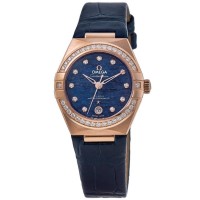 Omega Constellation Chronometer 29mm Blue Dial Diamond Rose Gold Leather Strap Women's Replica Watch 131.58.29.20.99.006