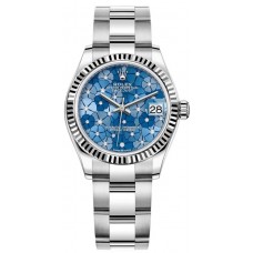 Rolex Datejust 31 Stainless Steel and White Gold Azzuro-Blue-Floral-Motif Diamond Dial Women's Replica Watch M278274-0035