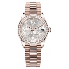 Rolex Datejust 31 Everose Gold Silver Floral-Motif Diamond Dial Diamond Bezel Women's Replica Watch M278285RBR-0036