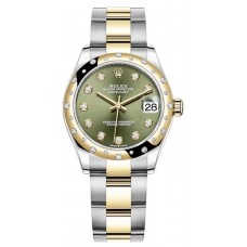 Rolex Datejust 31 Stainless Steel and Yellow Gold Olive Green Diamond Dial Domed Diamond Bezel Women's Replica Watch M278343RBR-0029