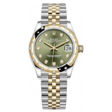 Rolex Datejust 31 Stainless Steel and Yellow Gold Olive Green Diamond Dial Domed Diamond Bezel Women's Replica Watch M278343RBR-0030