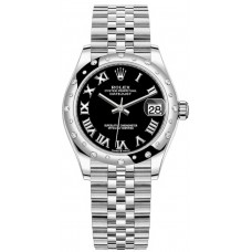 Rolex Datejust 31 Stainless Steel and White Gold Black Roman Dial Domed Diamond Bezel Women's Replica Watch M278344RBR-0002