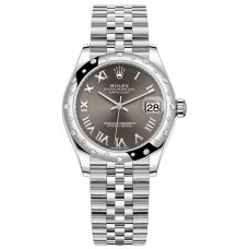 Rolex Datejust 31 Stainless Steel and White Gold Dark Grey Roman Dial Domed Diamond Bezel Women's Replica Watch M278344RBR-0024