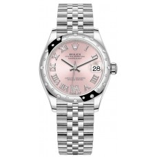 Rolex Datejust 31 Stainless Steel and White Gold Pink Pave Roman Dial Domed Diamond Bezel Women's Replica Watch M278344RBR-0026