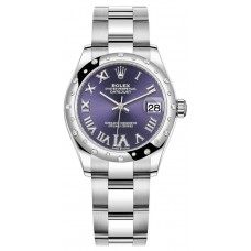 Rolex Datejust 31 Stainless Steel and White Gold Aubergine Pave Roman Dial Domed Diamond Bezel Women's Replica Watch M278344RBR-0027