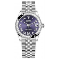 Rolex Datejust 31 Stainless Steel and White Gold Aubergine Pave Roman Dial Domed Diamond Bezel Women's Replica Watch M278344RBR-0028