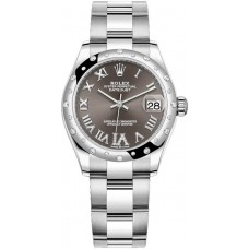 Rolex Datejust 31 Stainless Steel and White Gold Dark Grey Pave Roman Dial Domed Diamond Bezel Women's Replica Watch M278344RBR-0029