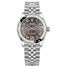 Rolex Datejust 31 Stainless Steel and White Gold Dark Grey Pave Roman Dial Domed Diamond Bezel Women's Replica Watch M278344RBR-0030