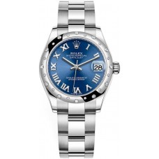 Rolex Datejust 31 Stainless Steel and White Gold Blue Roman Dial Domed Diamond Bezel Women's Replica Watch M278344rbr-0035