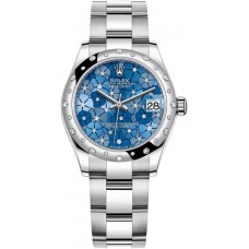 Rolex Datejust 31 Stainless Steel and White Gold Azzurro-Blue-Floral-Motif Diamond Dial Domed Diamond Bezel Women's Replica Watch M278344RBR-0037