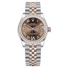 Rolex Datejust 31 Stainless Steel and Rose Gold Chocolate Pave Roman Dial Diamond Bezel Women's Replica Watch M278381RBR-0006