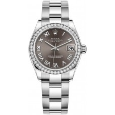 Rolex Datejust 31 Stainless Steel and White Gold Dark Grey Roman Dial Diamond Bezel Women's Replica Watch M278384RBR-0025
