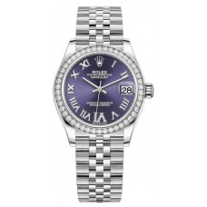 Rolex Datejust 31 Stainless Steel and White Gold Aubergine Pave Roman Dial Domed Diamond Bezel Women's Replica Watch M278384RBR-0030