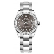 Rolex Datejust 31 Stainless Steel and White Gold Dark Grey Pave Roman Dial Diamond Bezel Women's Replica Watch M278384RBR-0031