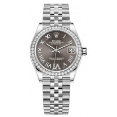 Rolex Datejust 31 Stainless Steel and White Gold Dark Grey Pave Roman Dial Diamond Bezel Women's Replica Watch M278384RBR-0032