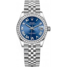 Rolex Datejust 31 Stainless Steel and White Gold Blue Roman Dial Diamond Bezel Women's Replica Watch M278384RBR-0037