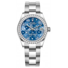 Rolex Datejust 31 Stainless Steel and White Gold Azzurro-Blue-Floral-Motif Diamond Dial Diamond Bezel Women's Replica Watch M278384RBR-0039