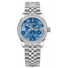 Rolex Datejust 31 Stainless Steel and White Gold Azzurro-Blue-Floral-Motif Diamond Dial Diamond Bezel Women's Replica Watch M278384RBR-0040