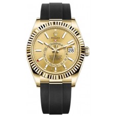 Rolex Sky-Dweller 42mm 18kt Yellow Gold Champagne Dial Rubber Strap Men's Replica Watch M326238-0007