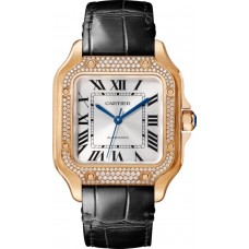 Cartier Santos De Cartier Medium Silver Dial 18K Rose Gold Diamond Leather Strap Women's Replica Watch WJSA0012