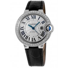 Cartier Ballon Bleu 33mm Silver Dial Custom Diamond Bezel Leather Strap Women's Replica Watch WSBB0030-CD
