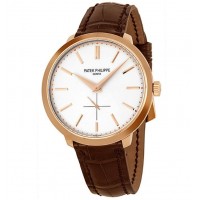 Patek Philippe Calatrava Silver Dial 18k Rose Gold Brown Leather Men's Watch 5123R-001 Copy Replica